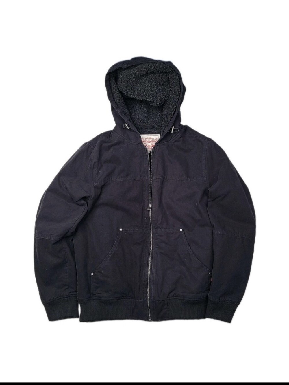 Levis Strauss Sz Mens M Black Canvas Sherpa Lined Hooded Work Bomber Jacket Coat